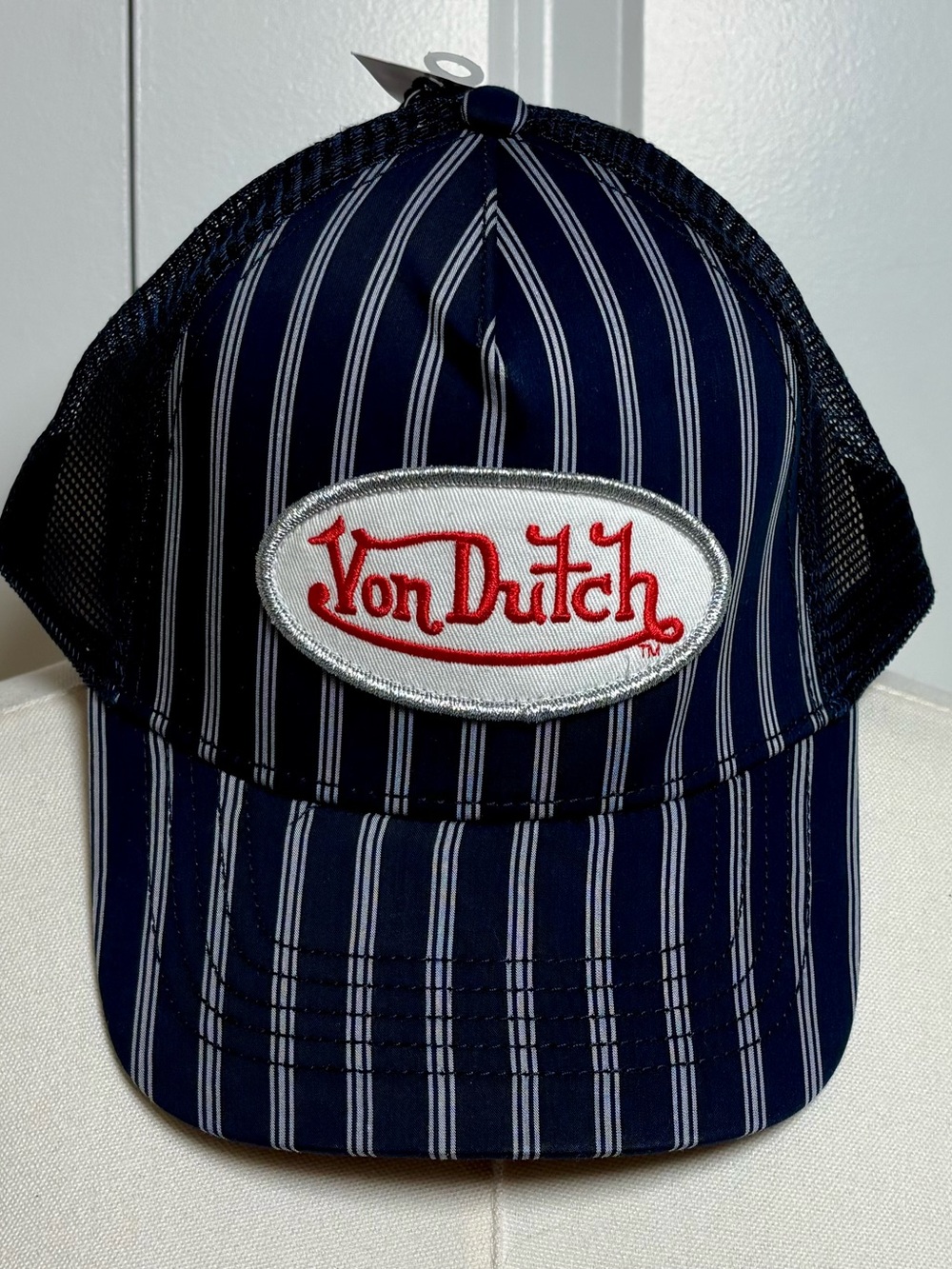 Von Dutch Navy and White Pinstripe Mesh Trucker Hat with Red Embroidered Logo